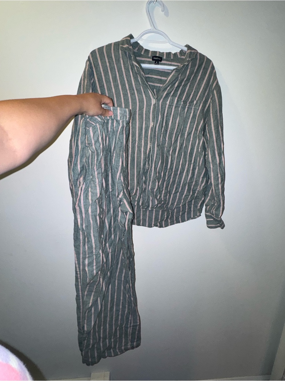 Women's Two-Piece Striped Lounge Set in Olive Green & Blush